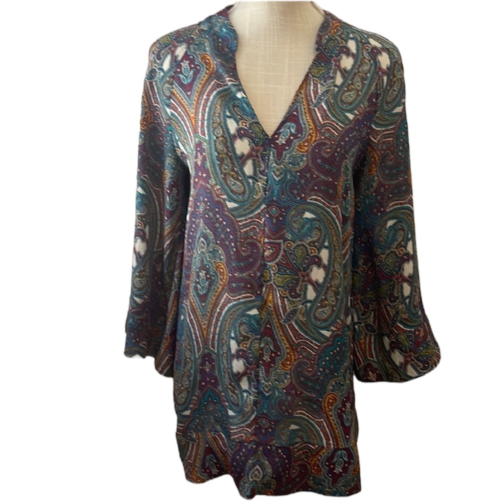 Zara Basic Women's Paisley Tunic V-Neck Long Sleeve Blue/Green Size Small